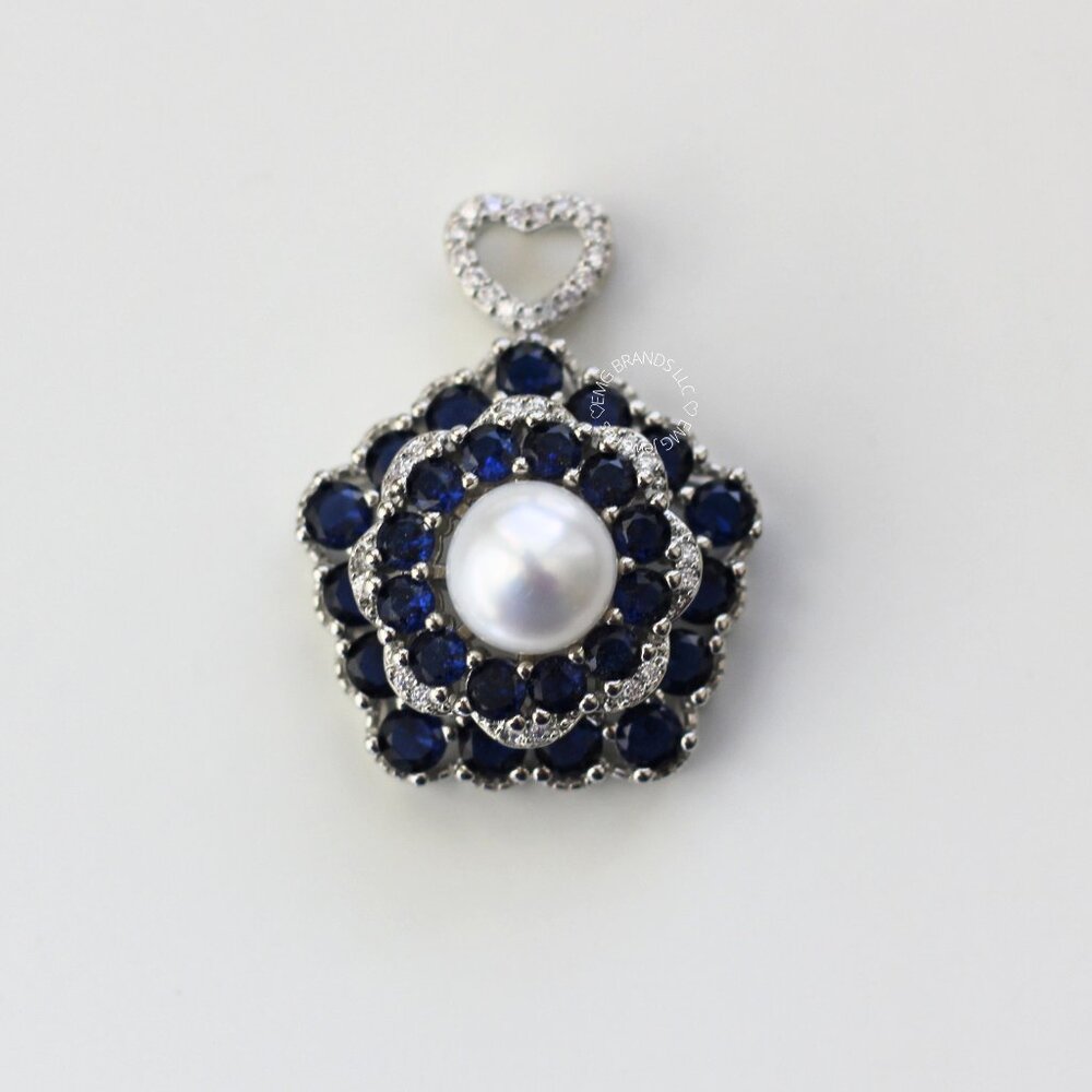 New White Freshwater Pearl and Blue Gemstone Rotating Spinner Pendant
